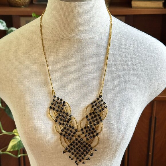 Beaded Bib Necklace, Black Gold Statement - Picture 1 of 5